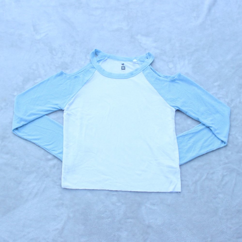 white & blue baseball tee styled long sleeve top